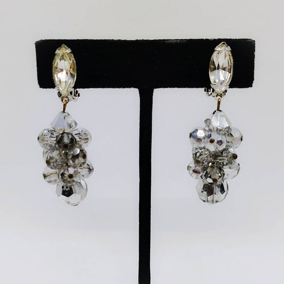 Lewis Segal Clustered AB Rhinestone Drop Dangle Clip-on Earrings Silver-tone OS - Picture 1 of 5